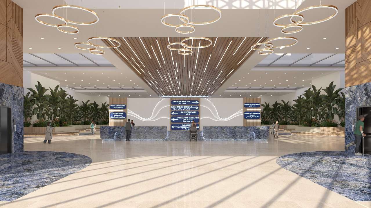 Lobby render with reception and wayfinding