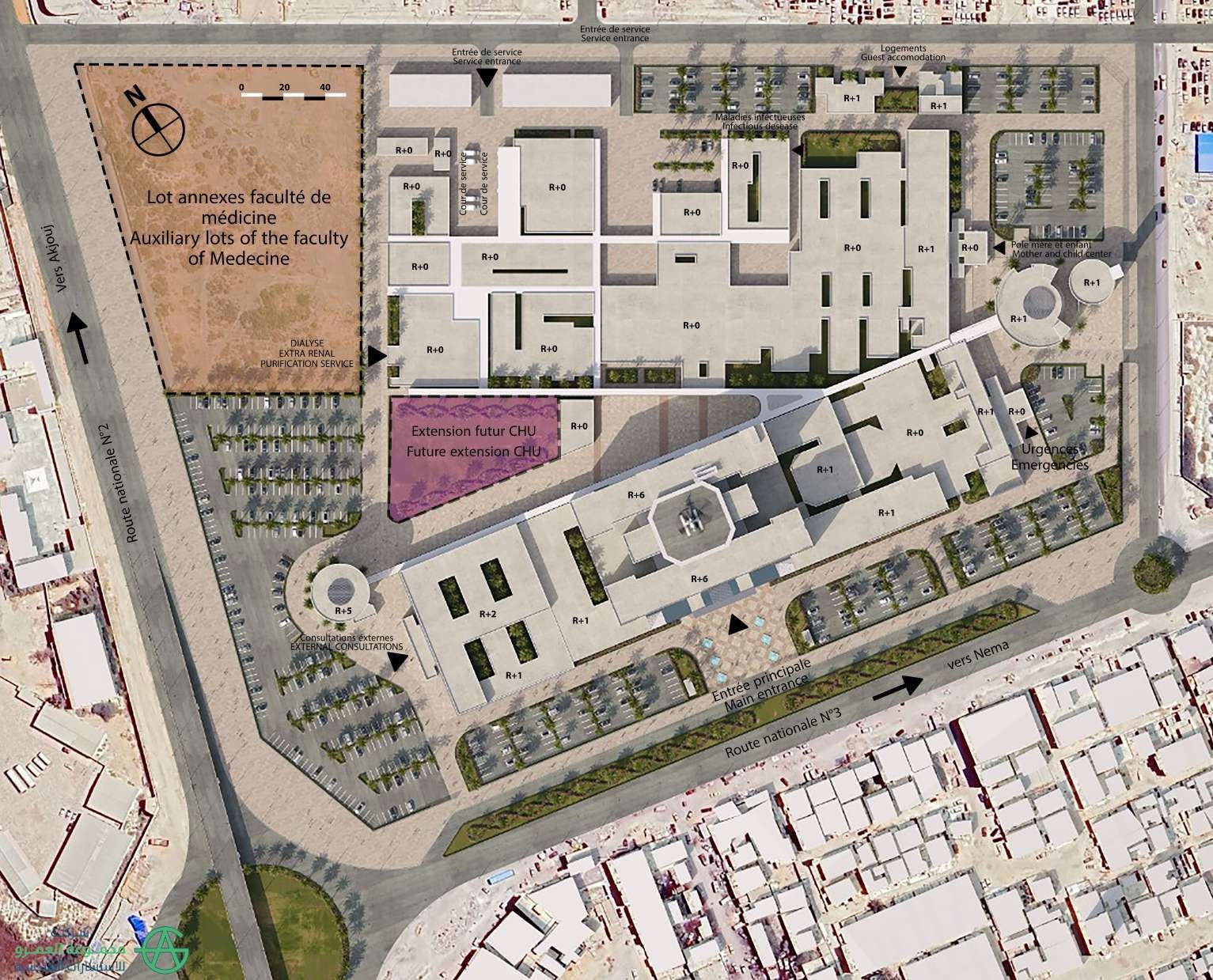 Site plan render of the CHU Selmane campus
